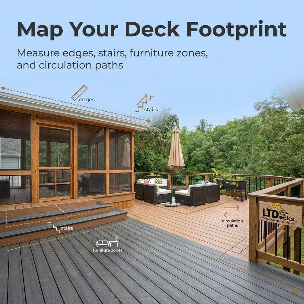 Four-step diagram for measuring a deck footprint, stairs, furniture, and walking paths