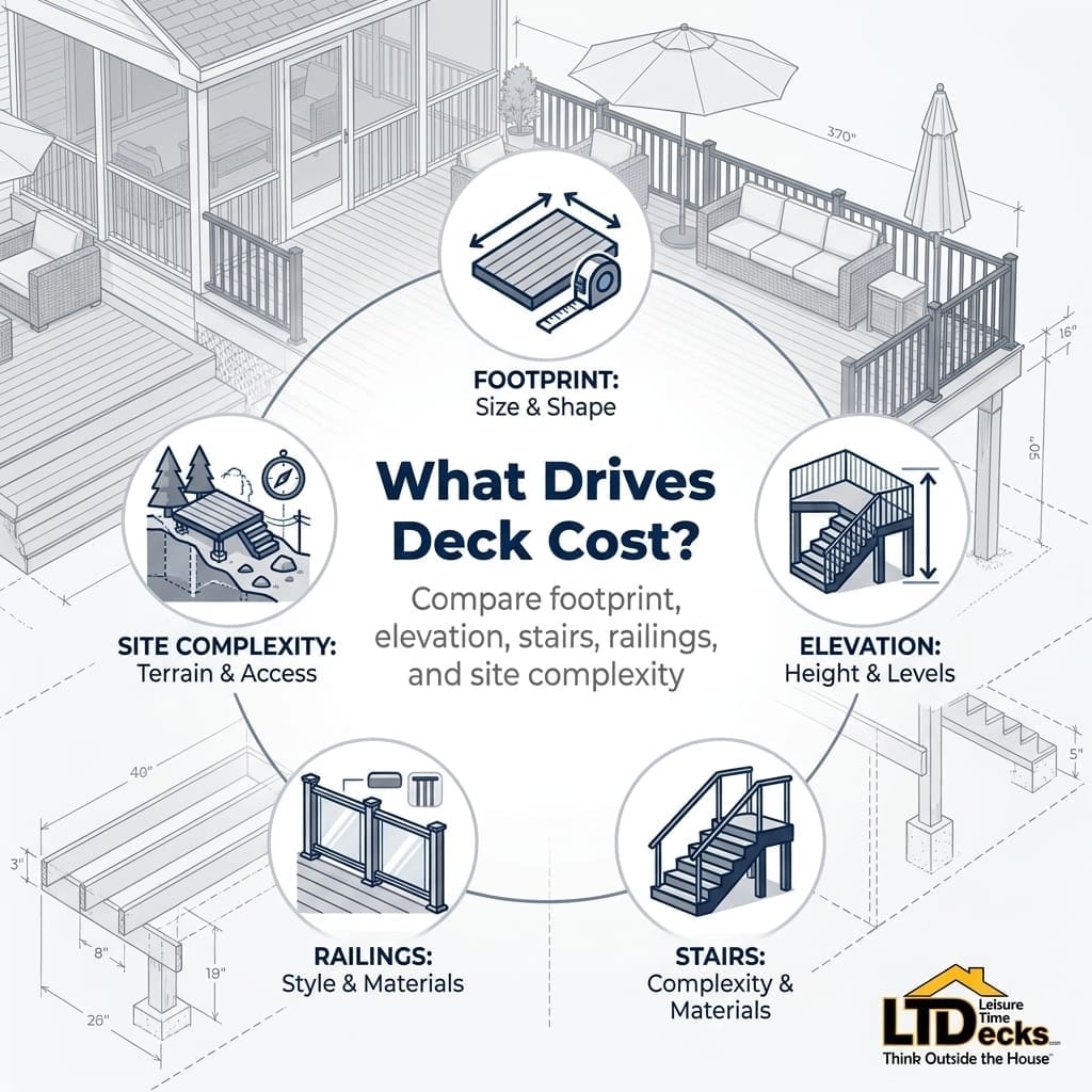 Cost comparison chart showing how deck layout features influence project expenses