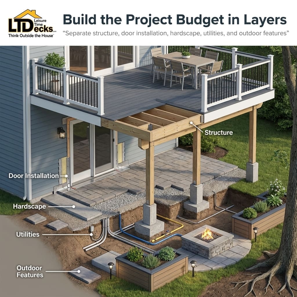 Budget chart dividing outdoor fireplace project costs into structure, doors, hardscape, and features