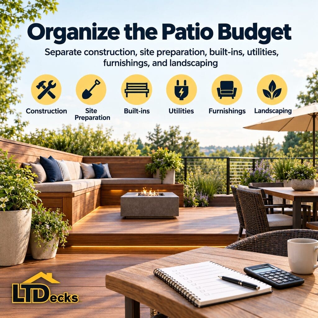 Budget allocation chart dividing patio costs into construction, site work, features, and furnishings