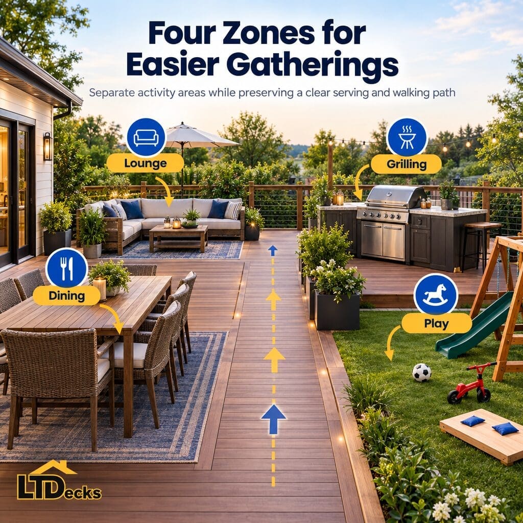 Diagram showing separated cooking, dining, lounging, and flexible patio zones