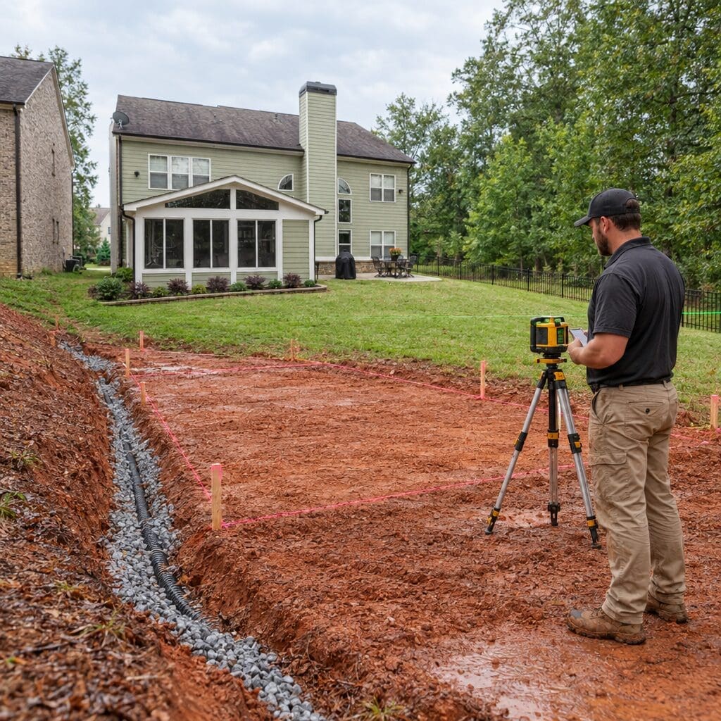Georgia backyard patio construction area with drainage planning and graded soil