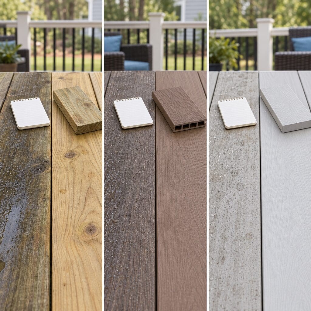 Comparison of wood, composite, and PVC decking surfaces after weather exposure