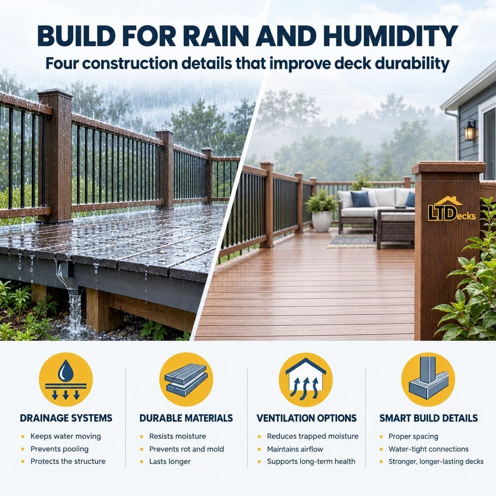 Four-part deck water management diagram showing drainage, flashing, spacing, and ventilation