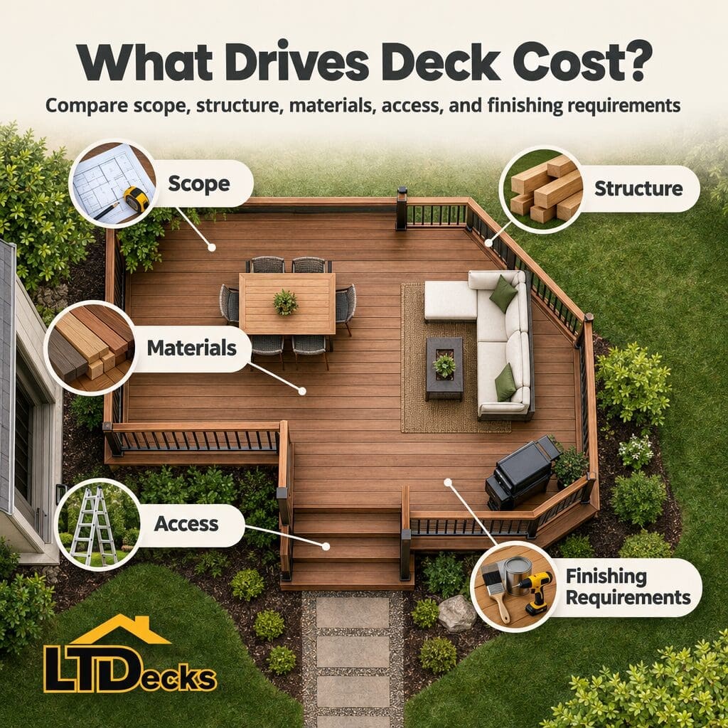 Deck construction cost factors shown as a horizontal comparison chart