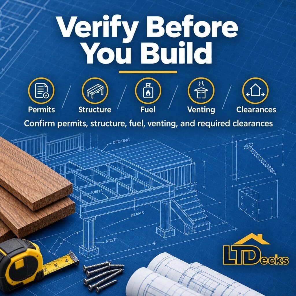 Installation checklist covering permits, fuel connections, structural support, venting, and combustible clearances