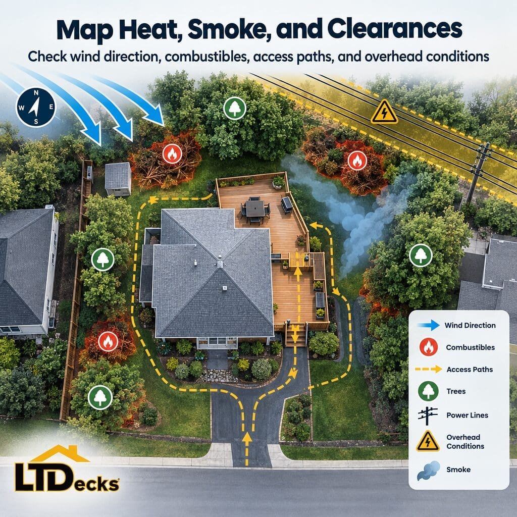 Diagram showing outdoor fireplace clearance zones around seating, windows, fences, trees, and rooflines