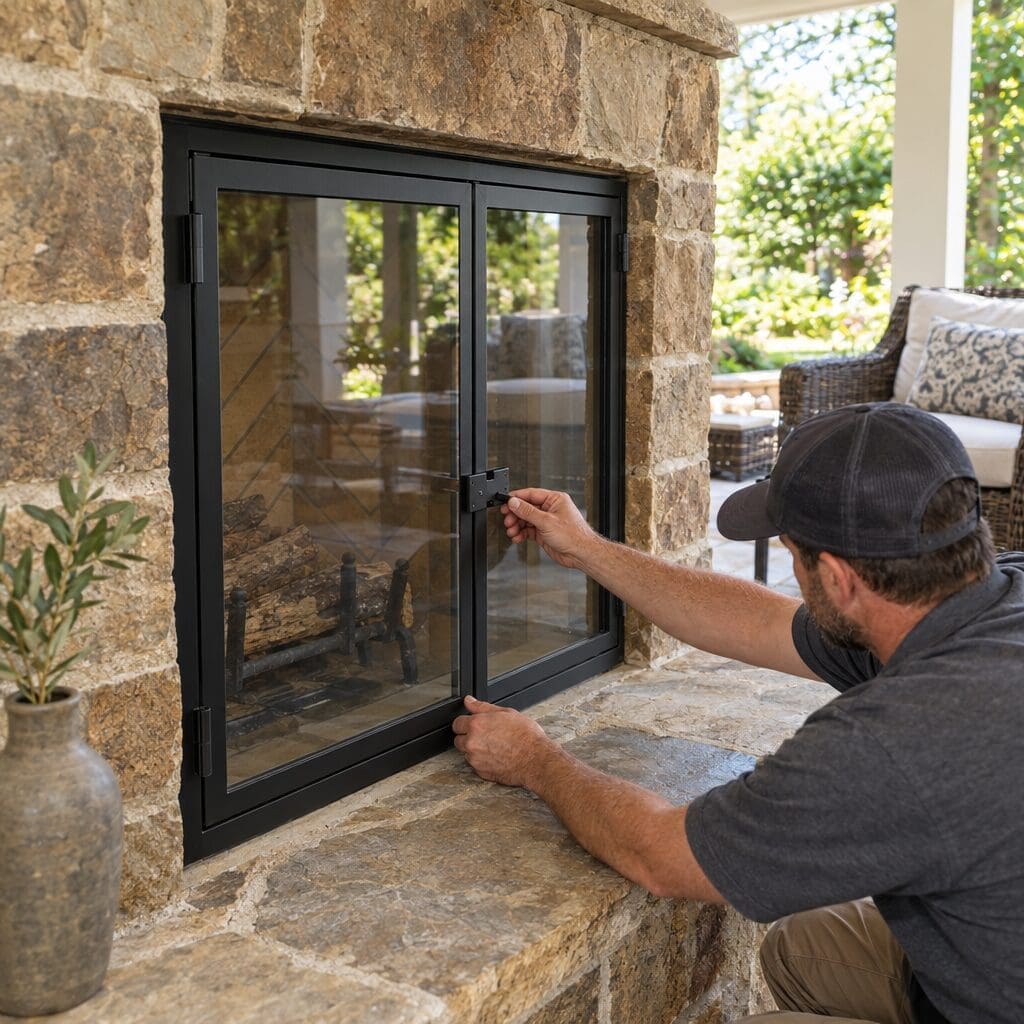 Close-up of fitted glass fireplace doors installed in a masonry outdoor fireplace opening