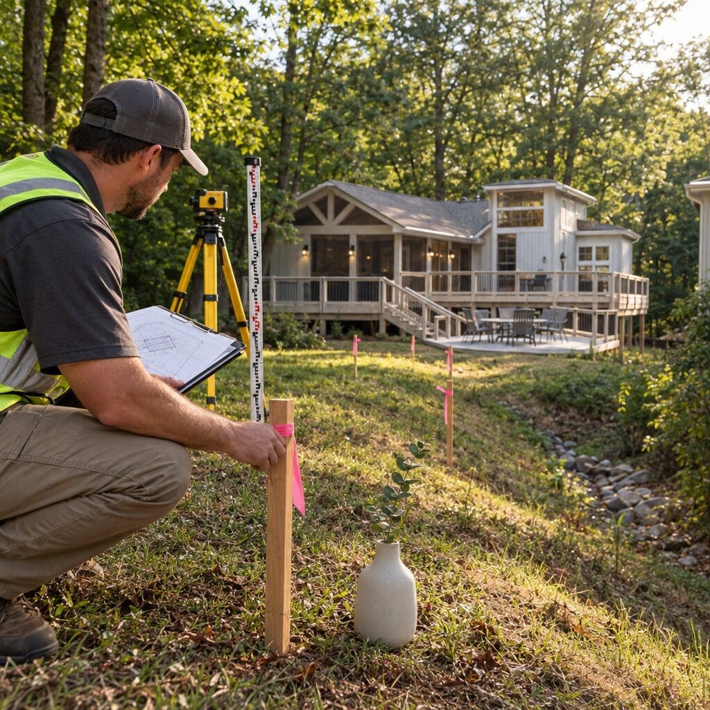 Survey stakes marking a proposed deck boundary near a Georgia suburban property