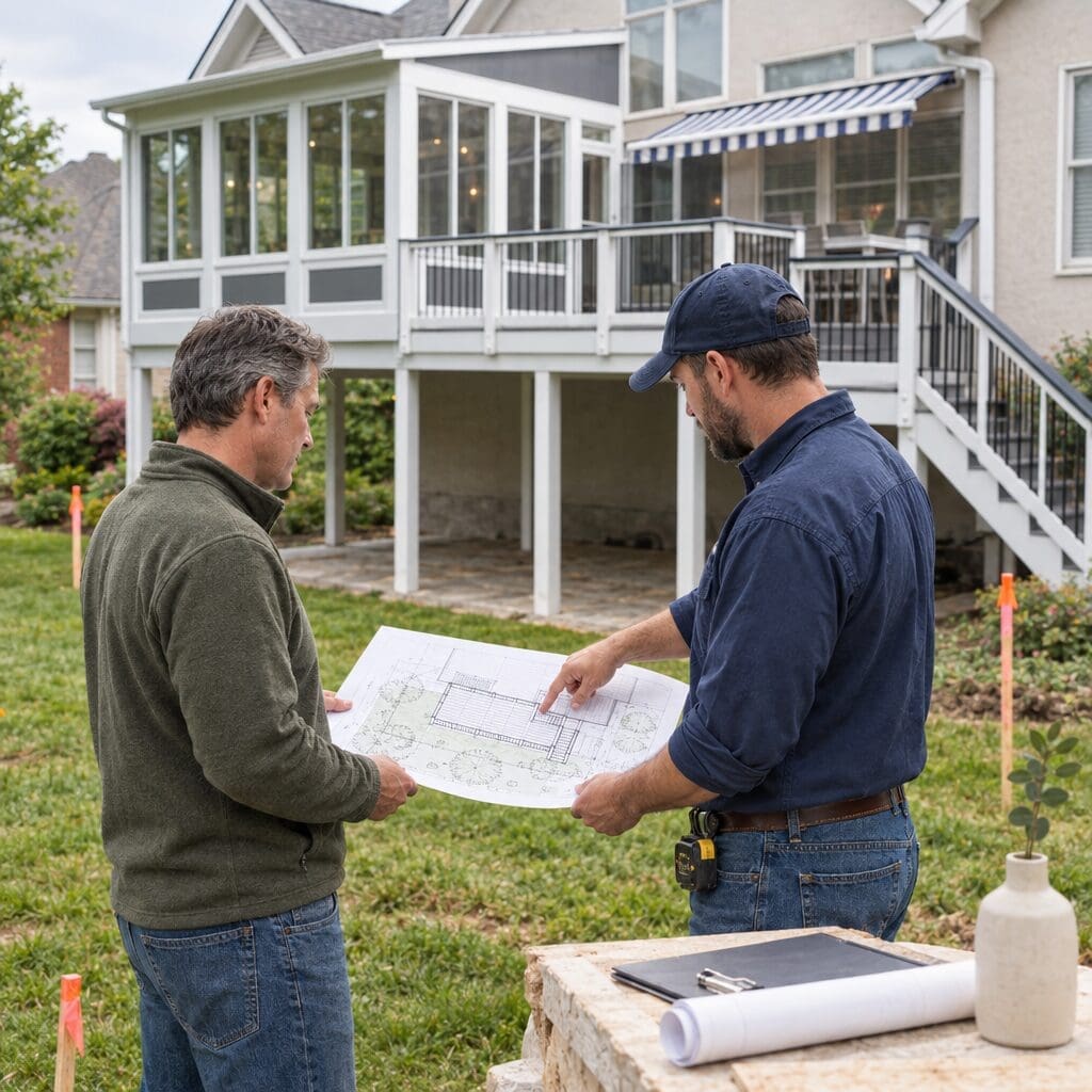 Deck contractor reviewing a measured site plan with a homeowner beside a backyard