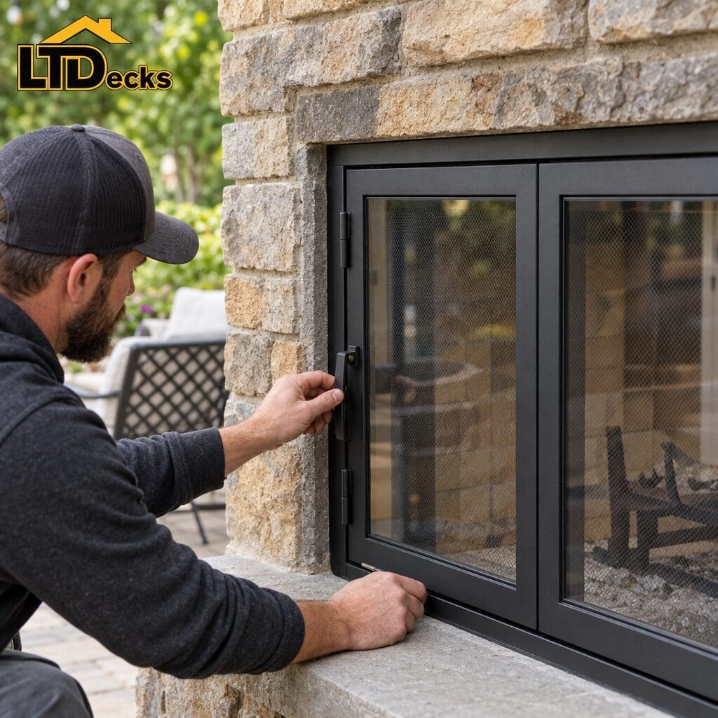 Close-up of outdoor fireplace doors showing frame, glass panels, handles, and mesh screen