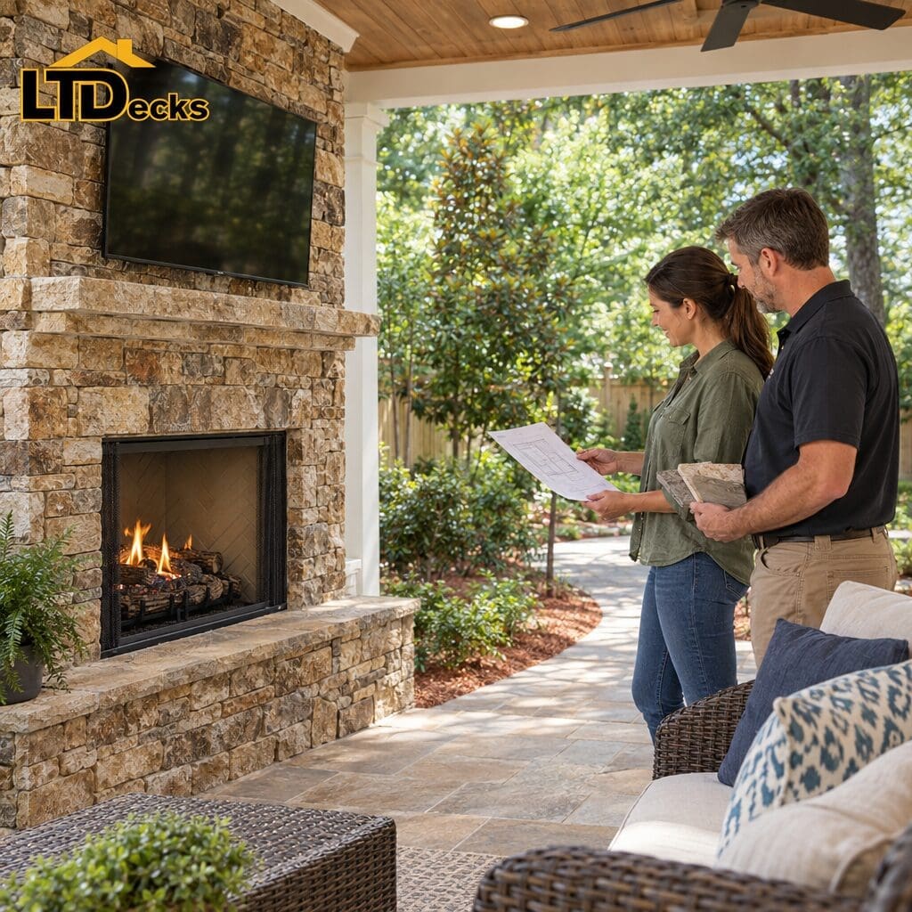 Georgia homeowner reviewing fireplace measurements and finish samples beside an outdoor fireplace