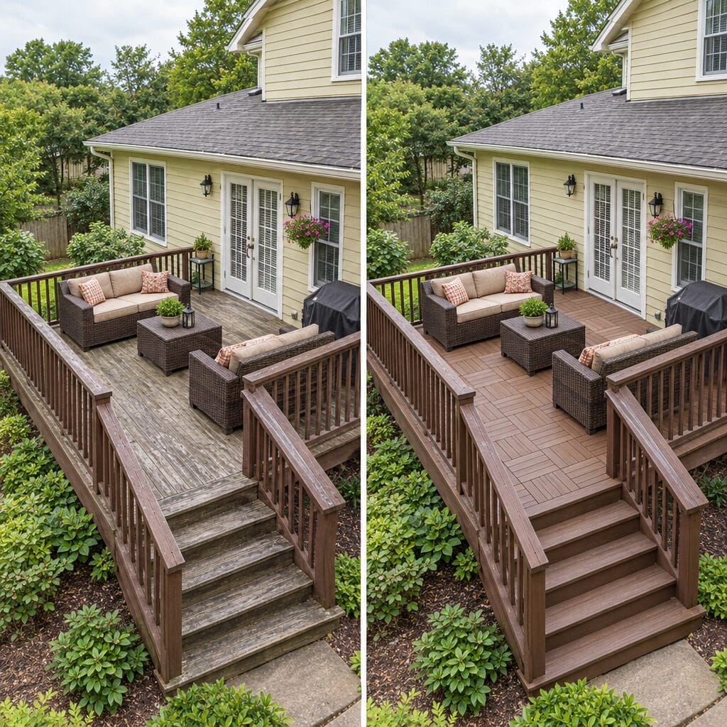 Split comparison of a worn deck surface and a refreshed deck tile surface