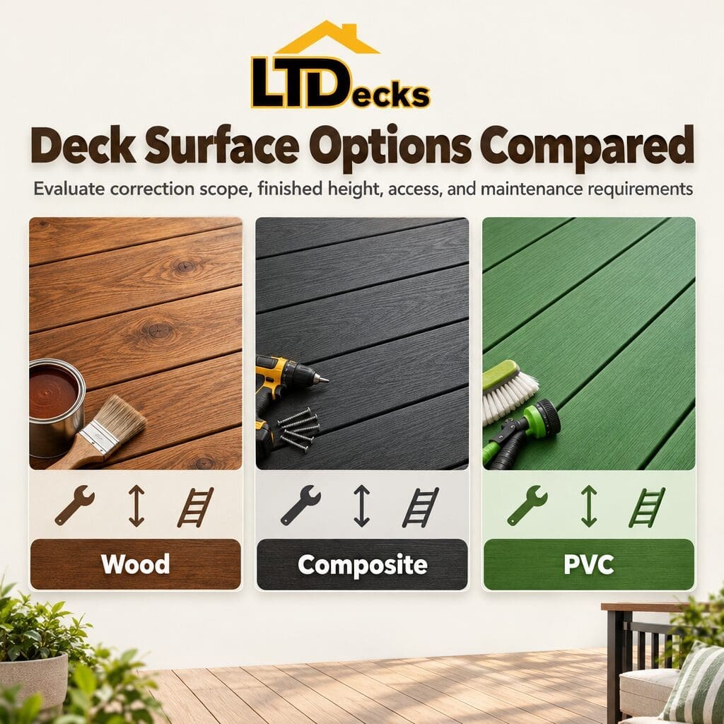 Comparison matrix showing deck tiles and replacement decking across key planning factors