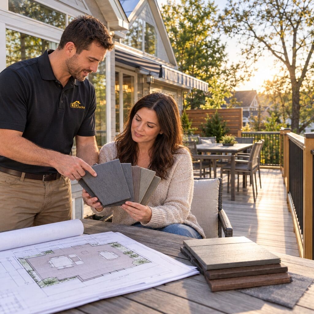Deck designer reviewing surface and outdoor living improvements with a homeowner